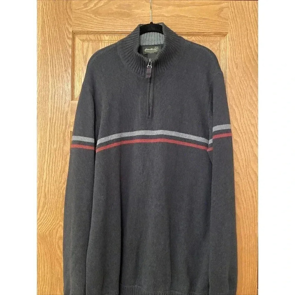 Eddie Bauer Mens Pullover Sweater 1/4 Zip Size Tall L 100% Cotton Gray Striped - Picture 2 of 4